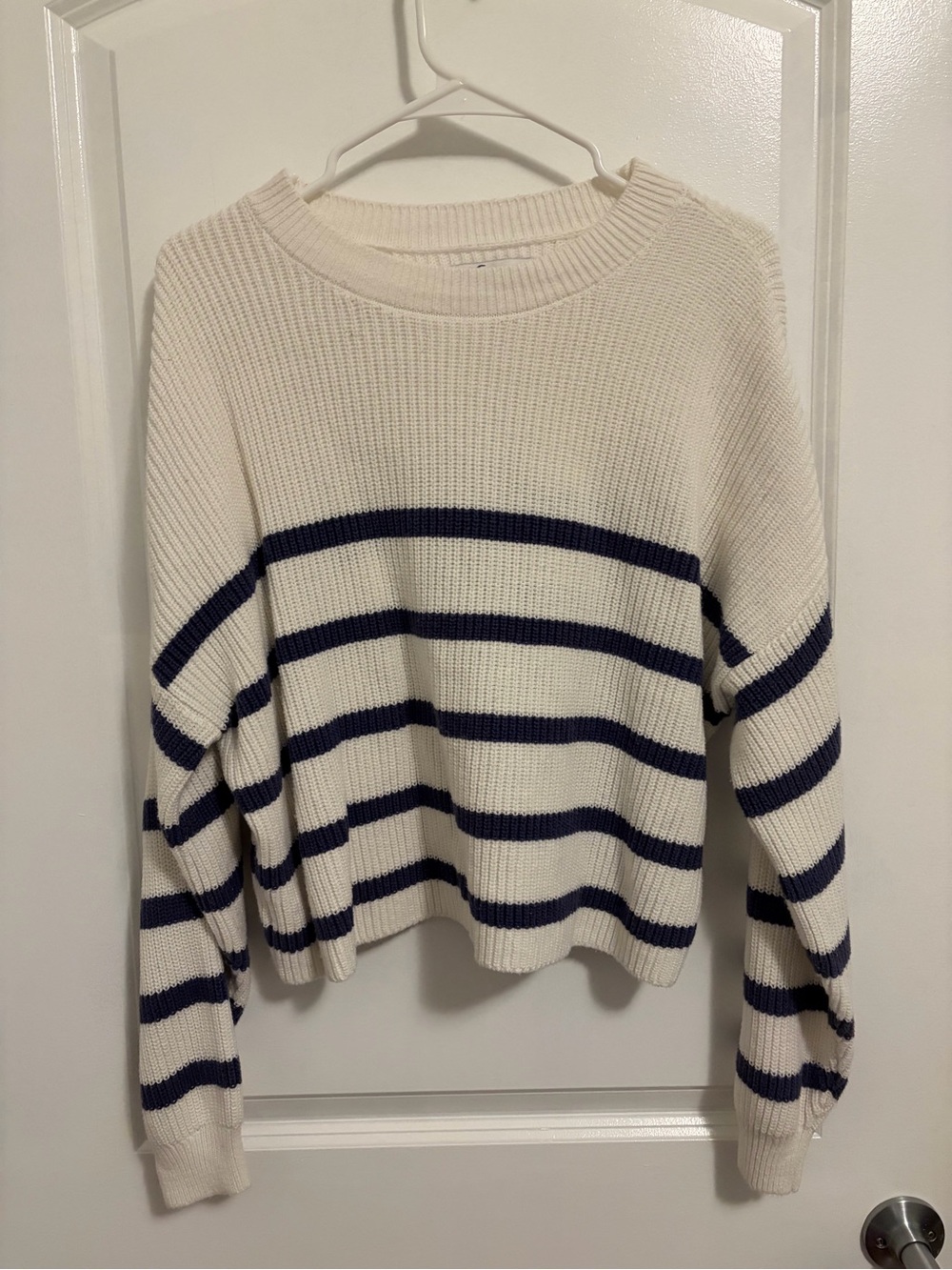 Hollister Cream and Navy Striped Crewneck Sweater